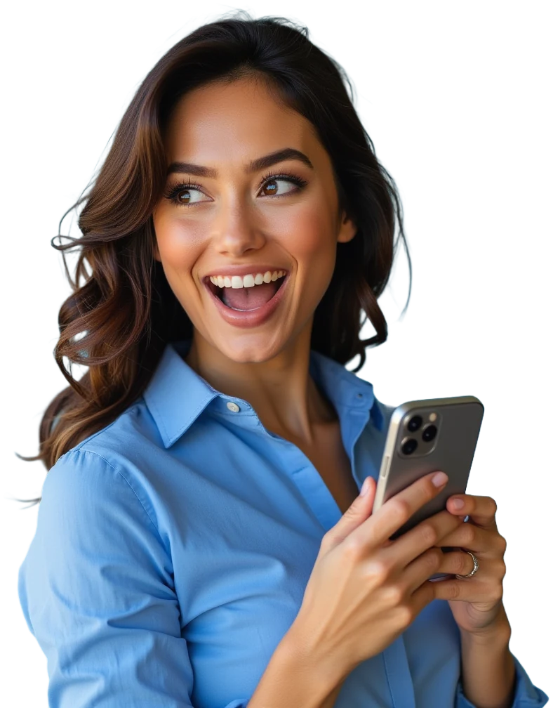 Mulher sorrindo ao olhar para o celular, imagem de marca da TopX