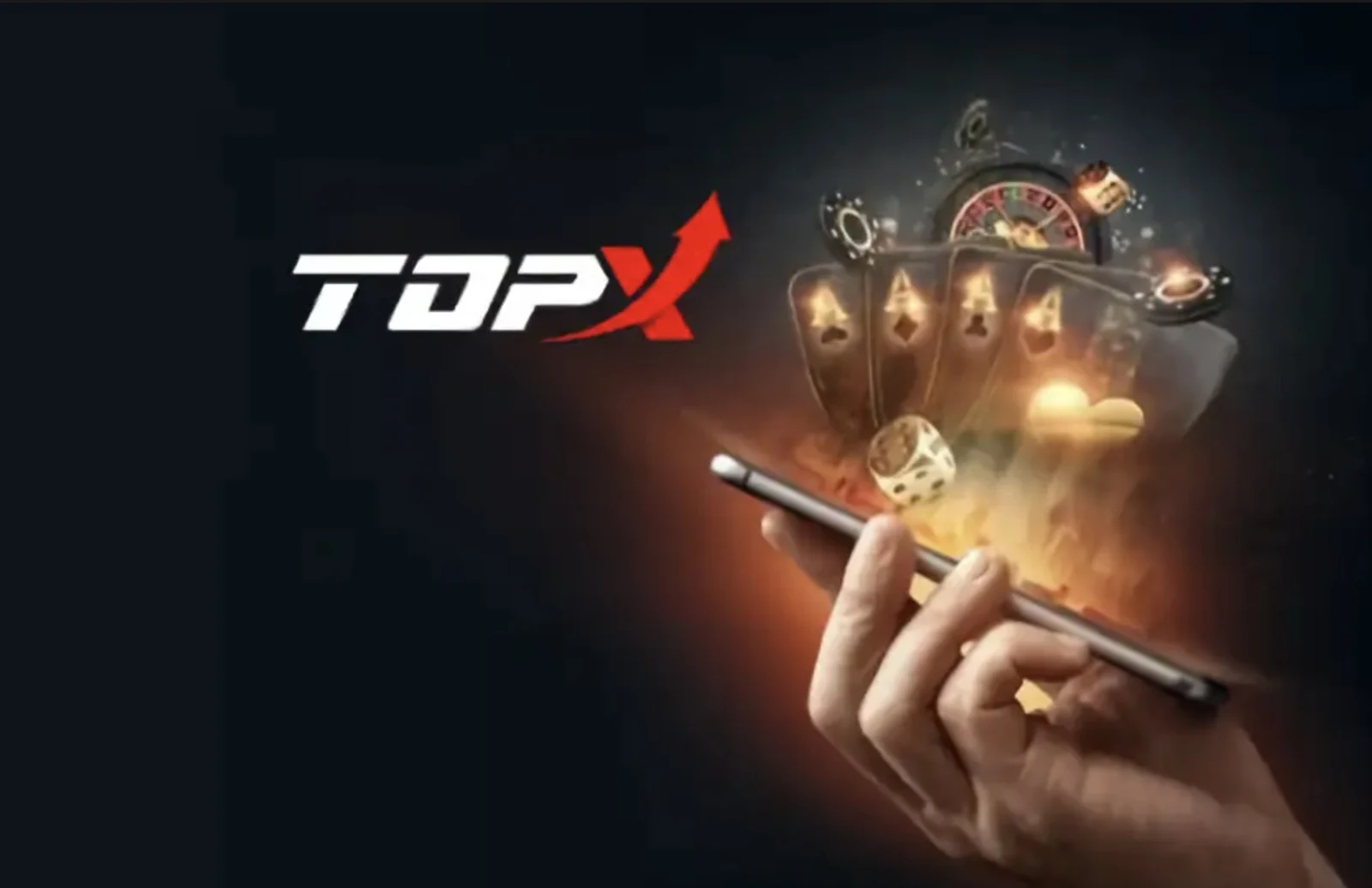 Mão segurando um celular com cartas e fichas ao redor, imagem de marca da TopX