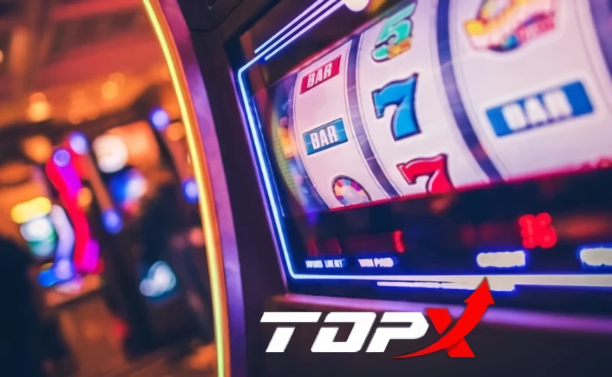 Máquina de caça-níquel com sete e barras em luzes de neon, imagem de marca da TopX