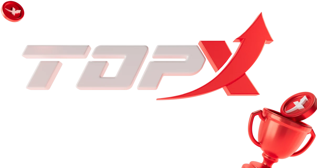 Logotipo da TopX ao lado de um troféu vermelho